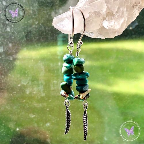 Turquoise Silver Feather Earrings